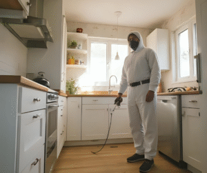 فني شركة مكافحة حشرات في مركز الستاموني يرش مبيدات آمنة للتخلص من الصراصير والنمل والبق